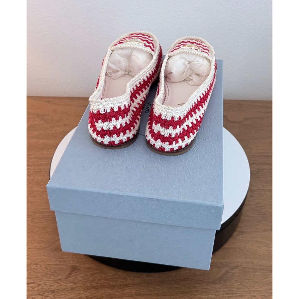 Prada Red White Crochet Loafers Enameled Triangle Logo Flats 1D496N Womens 37 - Picture 4 of 11